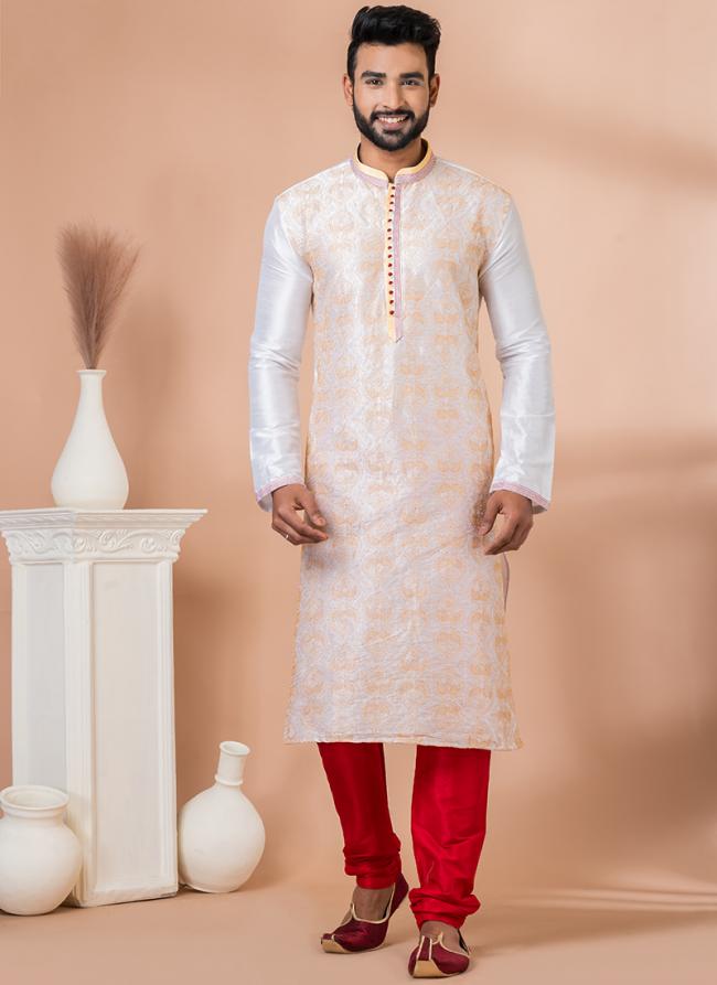 Banarasi Dhupion White Festival Wear Embroidery Work Kurta Pajama